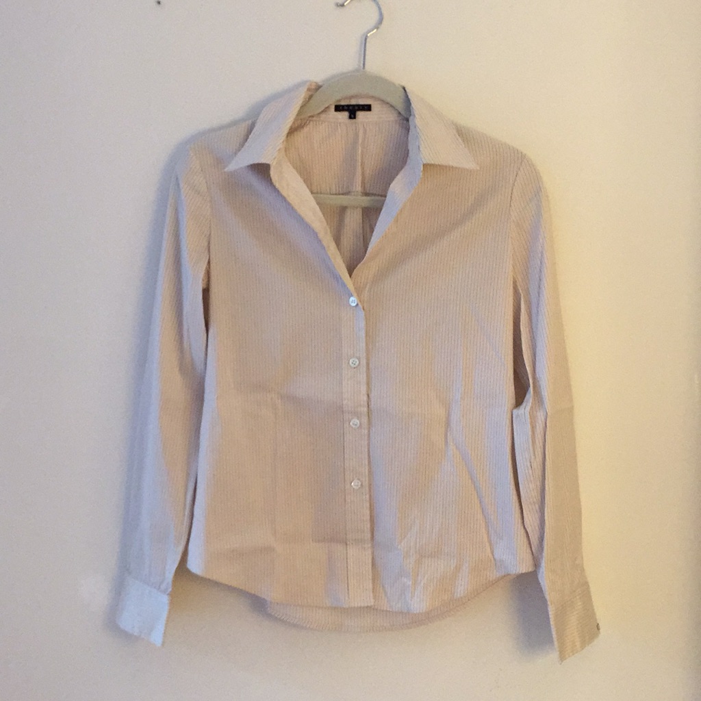 Theory Beige And White Striped Button Down